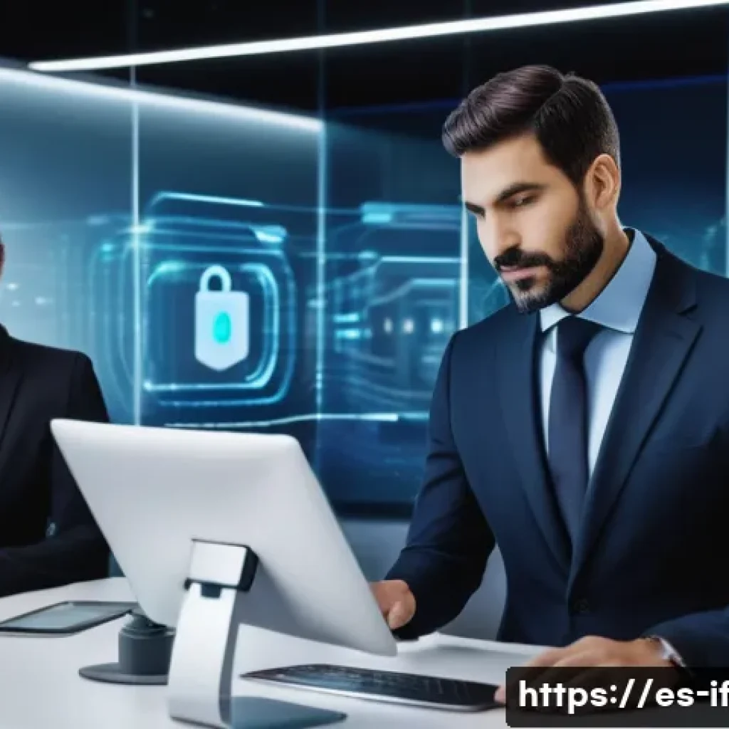 포스트 패스워드 시대의 보안 문화 - A modern office setting in a Spanish corporate environment, featuring diverse professionals using ad...
