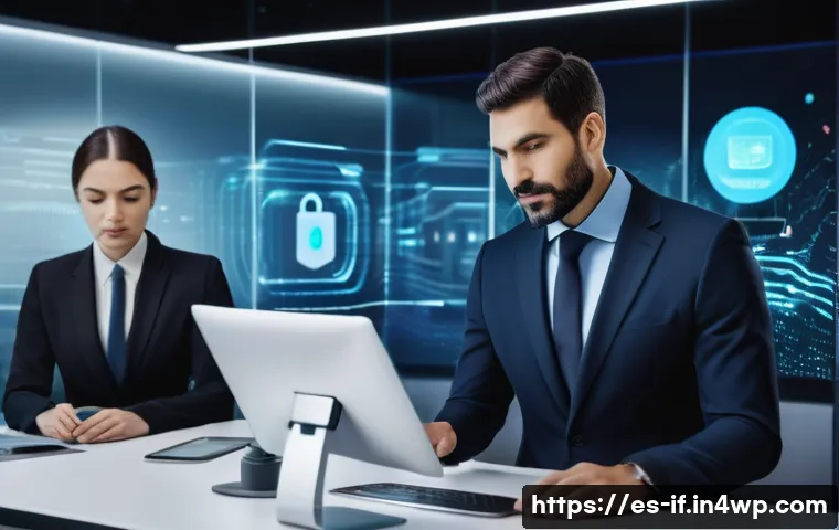 포스트 패스워드 시대의 보안 문화 - A modern office setting in a Spanish corporate environment, featuring diverse professionals using ad...