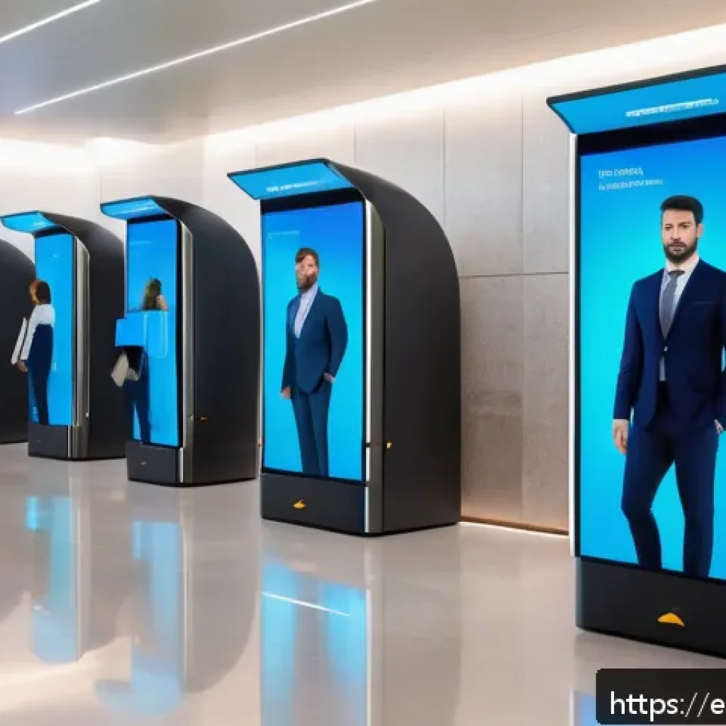 AI 기반의 보안 인증 트렌드 - A futuristic biometric authentication system in a modern Spanish bank lobby, featuring diverse users...