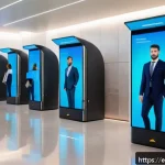 Home 20 AI 기반의 보안 인증 트렌드 - A futuristic biometric authentication system in a modern Spanish bank lobby, featuring diverse users...
