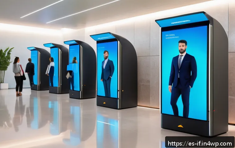 AI 기반의 보안 인증 트렌드 - A futuristic biometric authentication system in a modern Spanish bank lobby, featuring diverse users...