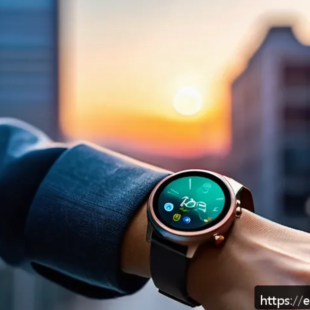 스마트워치와 생체 인증의 융합 - A modern smartwatch on a wrist of a young adult in a bright urban environment, showcasing an advance...