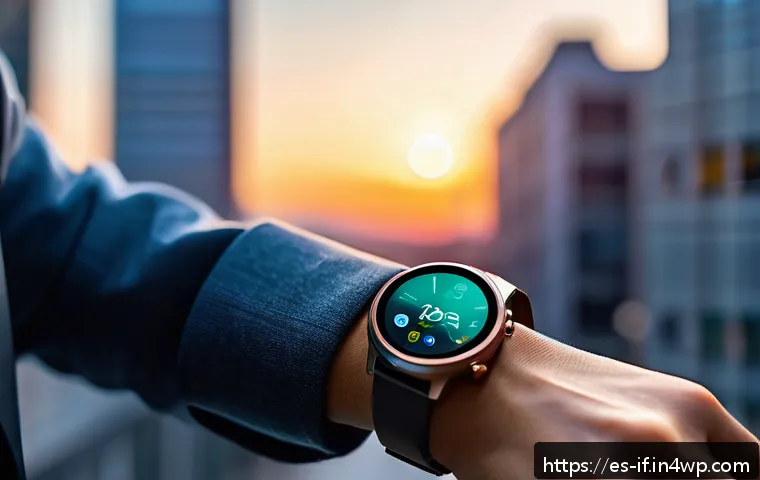 스마트워치와 생체 인증의 융합 - A modern smartwatch on a wrist of a young adult in a bright urban environment, showcasing an advance...